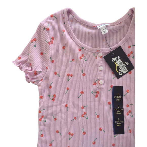 Art Class Girls' Short Sleeve Henley Shirt with Cherry Prints Sz L - Picture 2 of 4